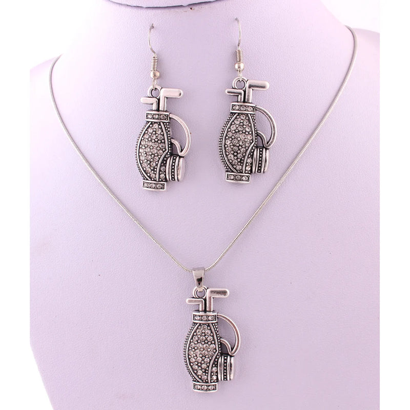 Antique Silver Golf Bag Necklace Earring Set with Crystals