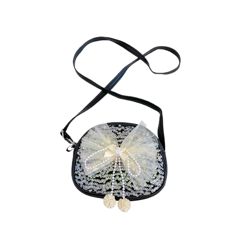 Little Girls Sequin Bow Messenger Bag with Pearl Pendant Zipper