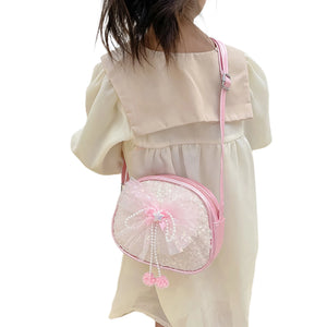 Little Girls Sequin Bow Messenger Bag with Pearl Pendant Zipper