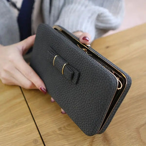Women Long Wallet Metal Buckle Clutch Bowknot PU Purse Wristlet