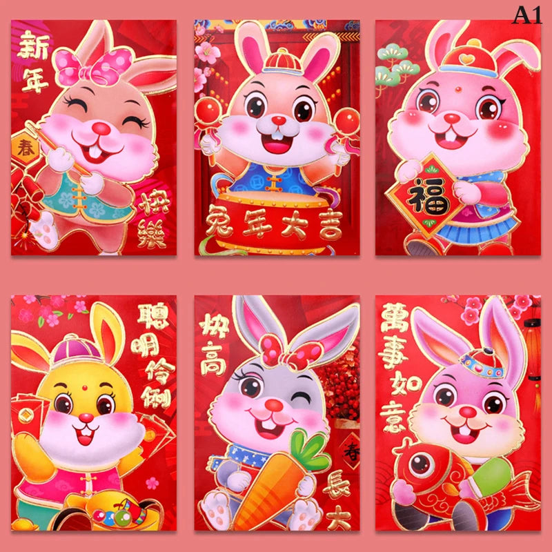 6 Pcs Chinese Rabbit Year Hongbao Mini Cartoon Red Envelopes