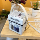 63HC Women Chain Crossbody Bag Leather Shoulder Bags Novelty Newspaper Handbags