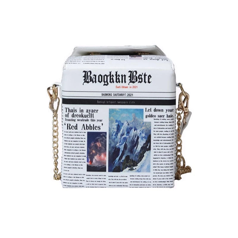 63HC Women Chain Crossbody Bag Leather Shoulder Bags Novelty Newspaper Handbags