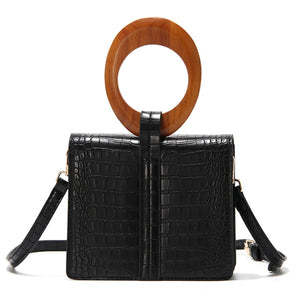 Crocodile Pattern Square Crossbody Bag with Wood Handle for Ladies
