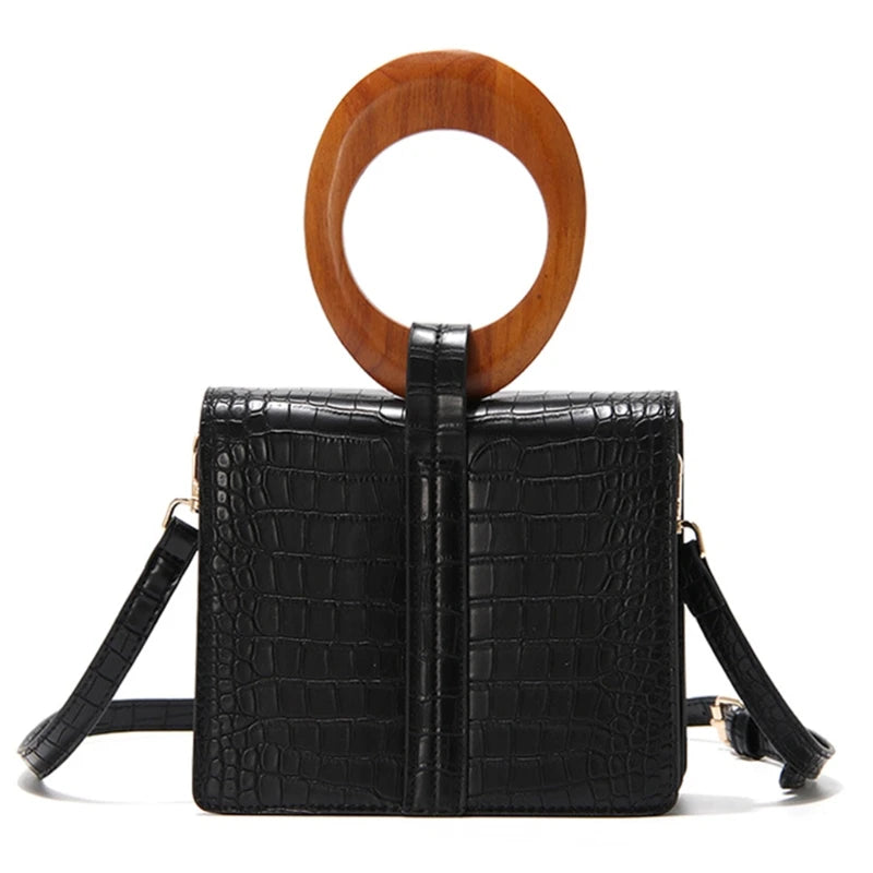 Crocodile Pattern Square Crossbody Bag with Wood Handle for Ladies
