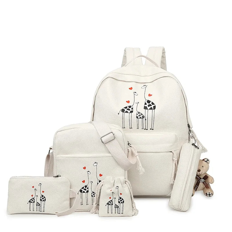 6Pcs/Sets Cartoon School Backpack Canvas Bag Teenage Students Large Schoolbag