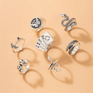 7 Pcs Retro Play Cards Mask Geometric Ring Set Hand Accessories