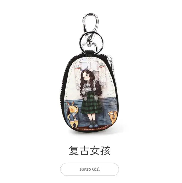 Cartoon Painted Leather Key Wallet For Women Girls