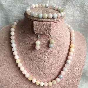 8MM Morganite Natural Stone Jewelry Set Bead Necklace Earrings Bracelet