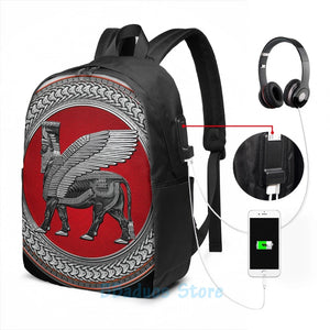 Assyrian Winged Bull & Lamassu USB Charge Backpack Men Women Travel