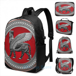 Assyrian Winged Bull & Lamassu USB Charge Backpack Men Women Travel