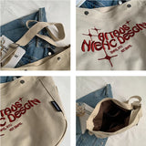 90s Y2K School Book Crossbody Bag Canvas Embroidery Hobo Slouchy Shoulder Bag