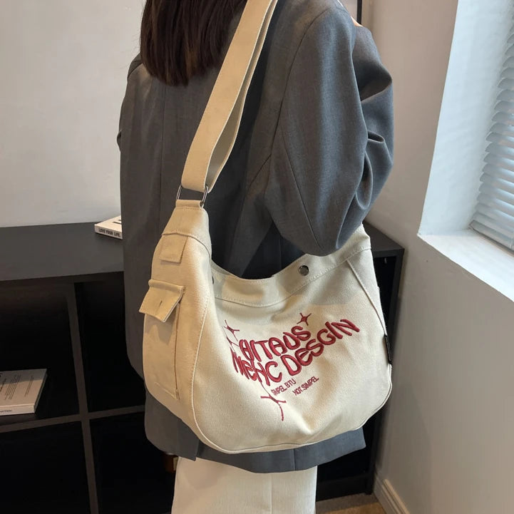 90s Y2K School Book Crossbody Bag Canvas Embroidery Hobo Slouchy Shoulder Bag