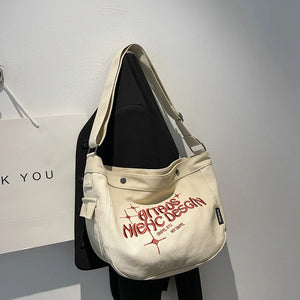 90s Y2K School Book Crossbody Bag Canvas Embroidery Hobo Slouchy Shoulder Bag