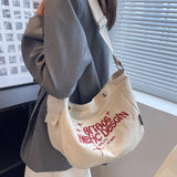 90s Y2K School Book Crossbody Bag Canvas Embroidery Hobo Slouchy Shoulder Bag