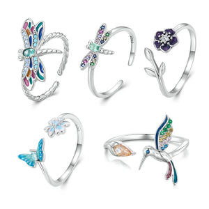 925 Silver Colorful Dragonfly Bracelet Ring Set