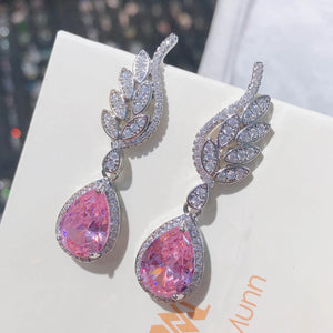 925 Silver Morganite Earrings with Water Drop Diamond Wings