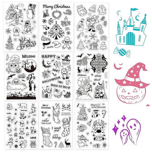 9 Mixed Theme Silicone Clear Stamps Christmas Skiing Halloween Animal Seal