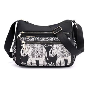 Nylon Canvas Shoulder Bag Traditional Elephant Print Clutch