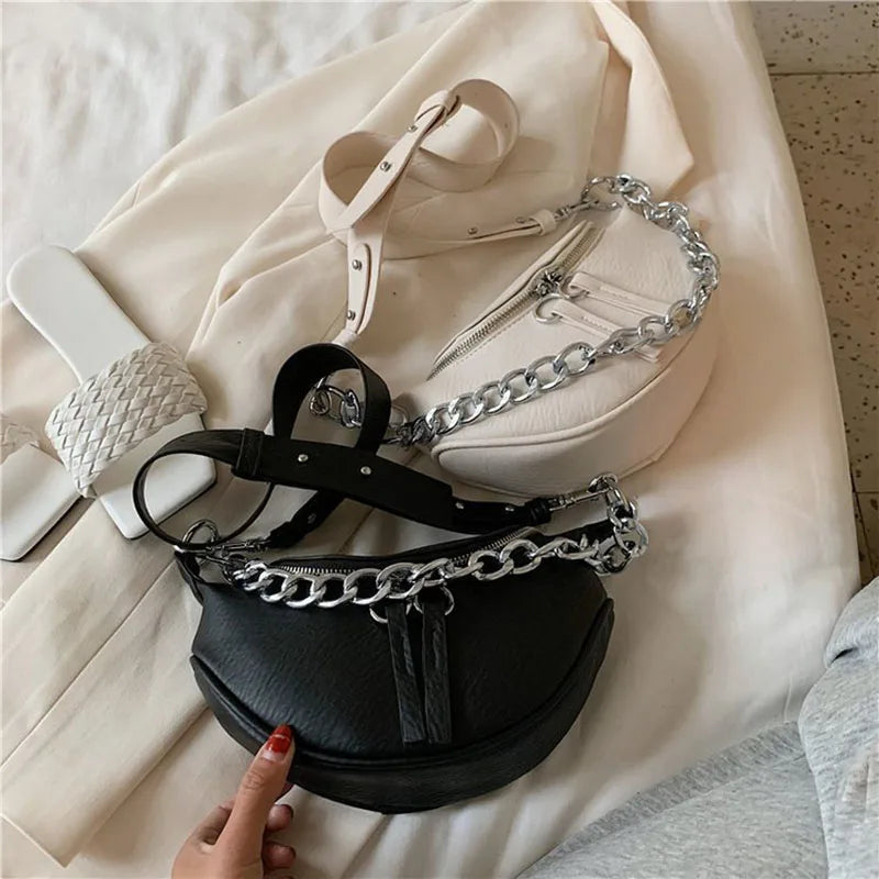 Leather Women Fanny Pack Chains Female Waist Pack