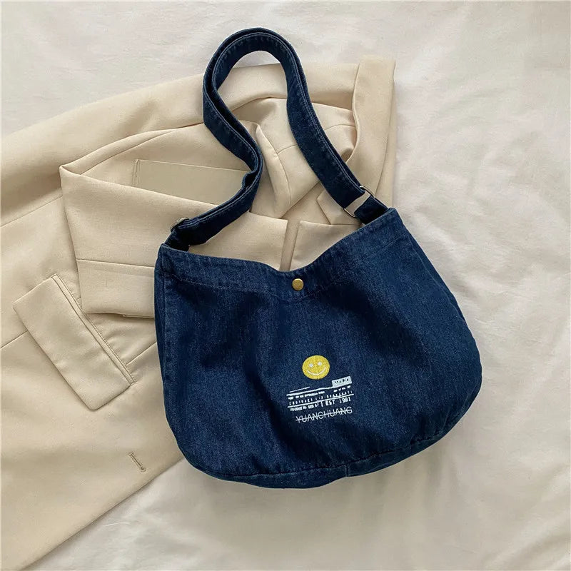 Denim Shoulder Bag Solid Canvas Satchel Cotton Women Messenger Bag