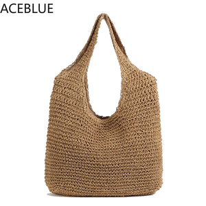 Rattan Women Shoulder Bags Wicker Woven Female Handbags Large Capacity