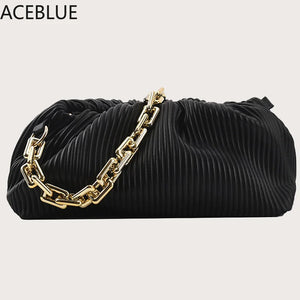 Women's Solid Chain Crossbody Bag PU Leather Striped Cloud Bag