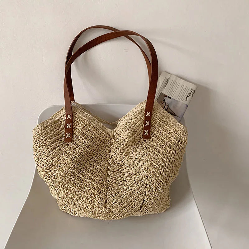 Bohemian Summer Straw Beach Tote Bag Hand-woven Women's Shoulder Handbag