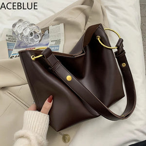 Retro Bucket Bag Solid PU Leather Crossbody Bag