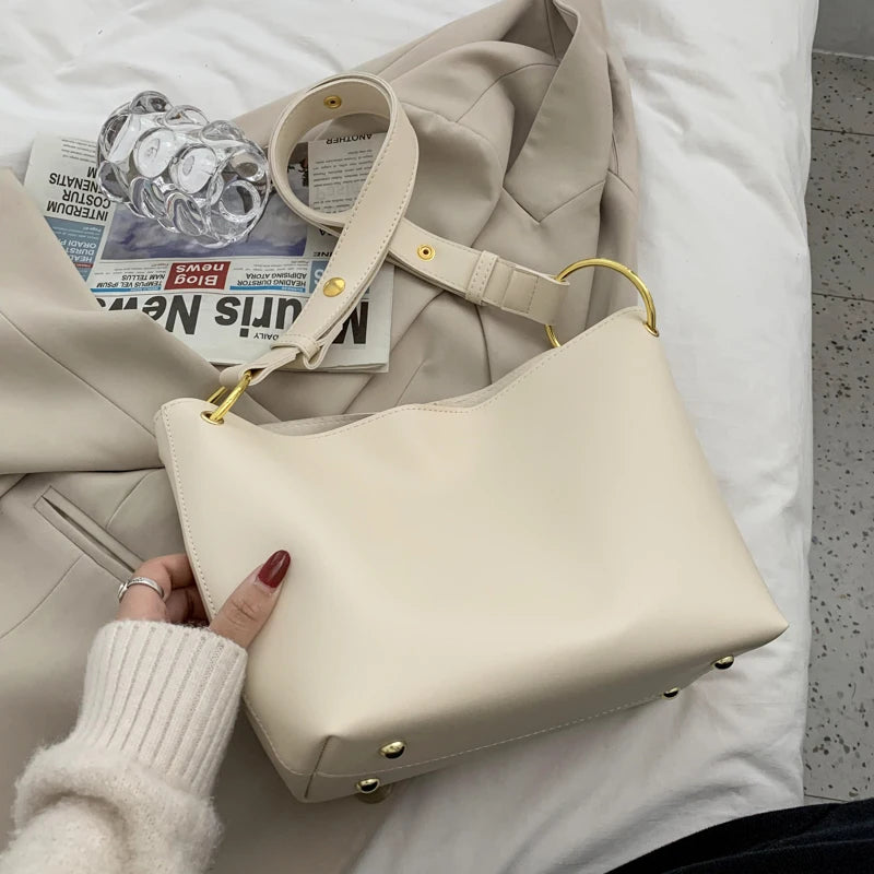 Retro Bucket Bag Solid PU Leather Crossbody Bag
