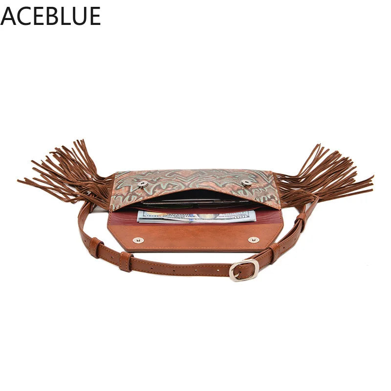 Vintage Tassel Waist Bags For Women Fanny Packs Pu Leather Lady Small Purses