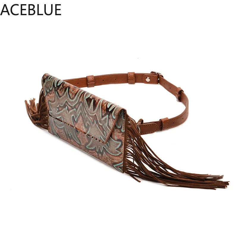 Vintage Tassel Waist Bags For Women Fanny Packs Pu Leather Lady Small Purses