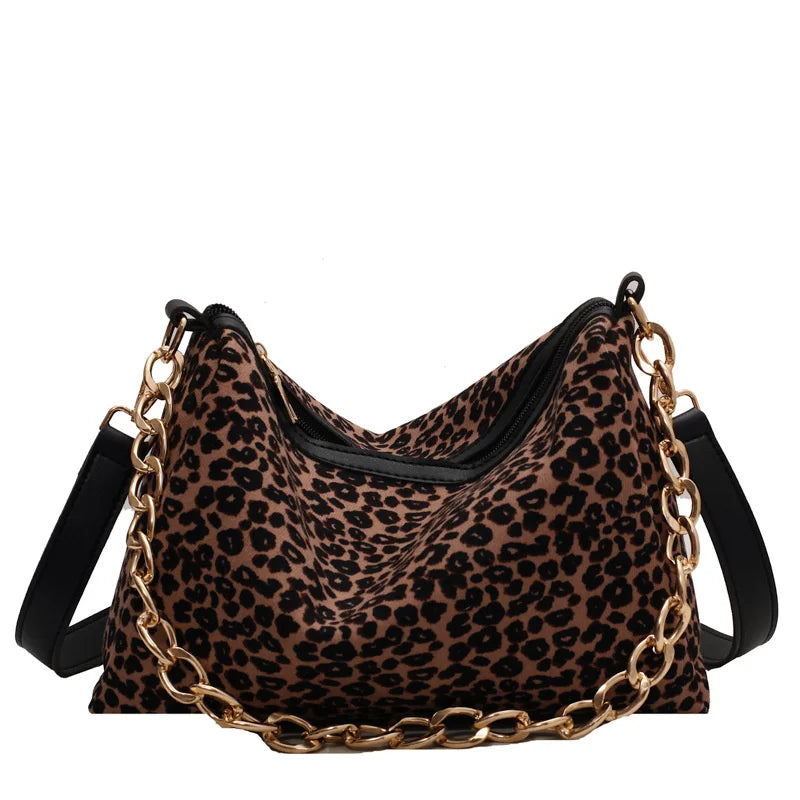 Woman Brown Leopard Chains Crossbody Shoulder Bag Spring