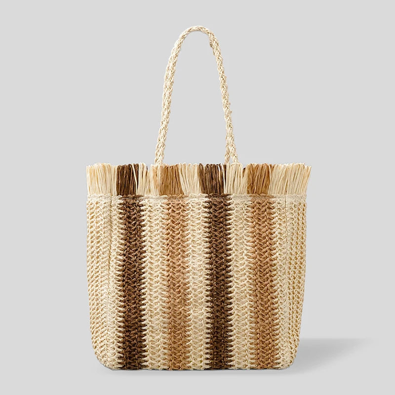 Women Straw Bag Large Capacity Tote Fringe Shoulder Handbag