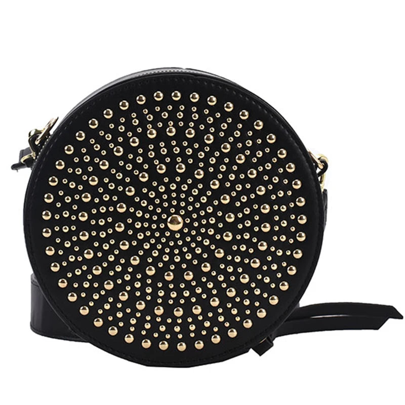 Small Rivet Circular PU Leather Crossbody Bag for Women