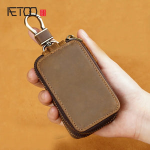 Crazy horse leather double zipper waist hanging car key case GM