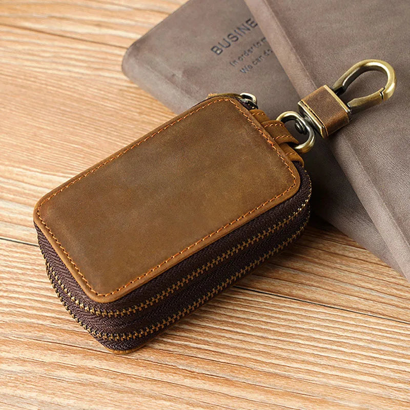 Crazy horse leather double zipper waist hanging car key case GM