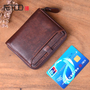 Vintage Leather Short Wallet Zipper Cowhide Large Capacity