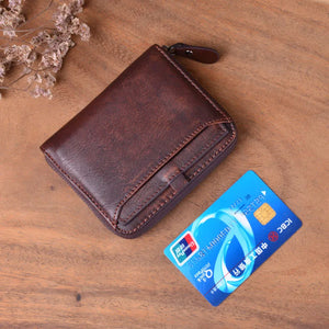 Vintage Leather Short Wallet Zipper Cowhide Large Capacity