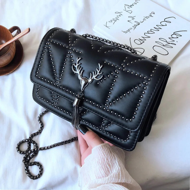 Rivet Tassel Shoulder Handbag PU Leather Chain Purses for Lady Party Gift