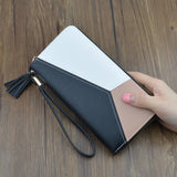 Long PU Leather Purse Tassel Wallet Solid Patchwork Zipper