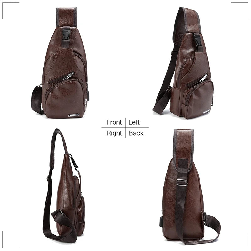 AUAU Men's Chest Bag with USB Charge Port Retro Crossbody Business Pouch