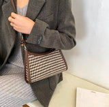 Brown Plaid Vintage Shoulder Bag Women Casual Houndstooth Crossbody Bag