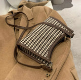 Brown Plaid Vintage Shoulder Bag Women Casual Houndstooth Crossbody Bag