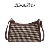 Brown Plaid Vintage Shoulder Bag Women Casual Houndstooth Crossbody Bag
