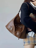 Aboutlee Casual Brown Pu Shoulder Bag Tote Bag Solid High Capacity