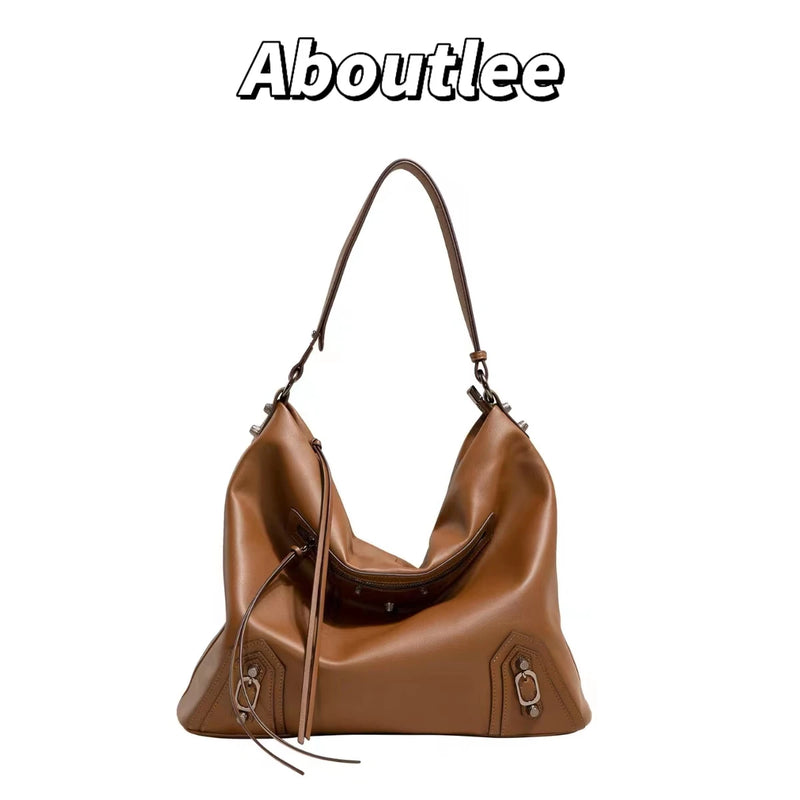 Aboutlee Casual Brown Pu Shoulder Bag Tote Bag Solid High Capacity