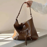 Aboutlee Casual Brown Pu Shoulder Bag Tote Bag Solid High Capacity