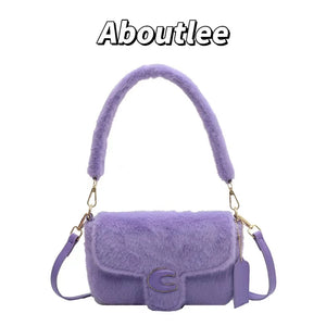 Aboutlee Purple Furry Shoulder Bag Retro Casual Handbag