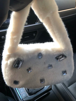 Furry Gemstone Decorated Handbag Soft Shoulder Bags Y2k Style